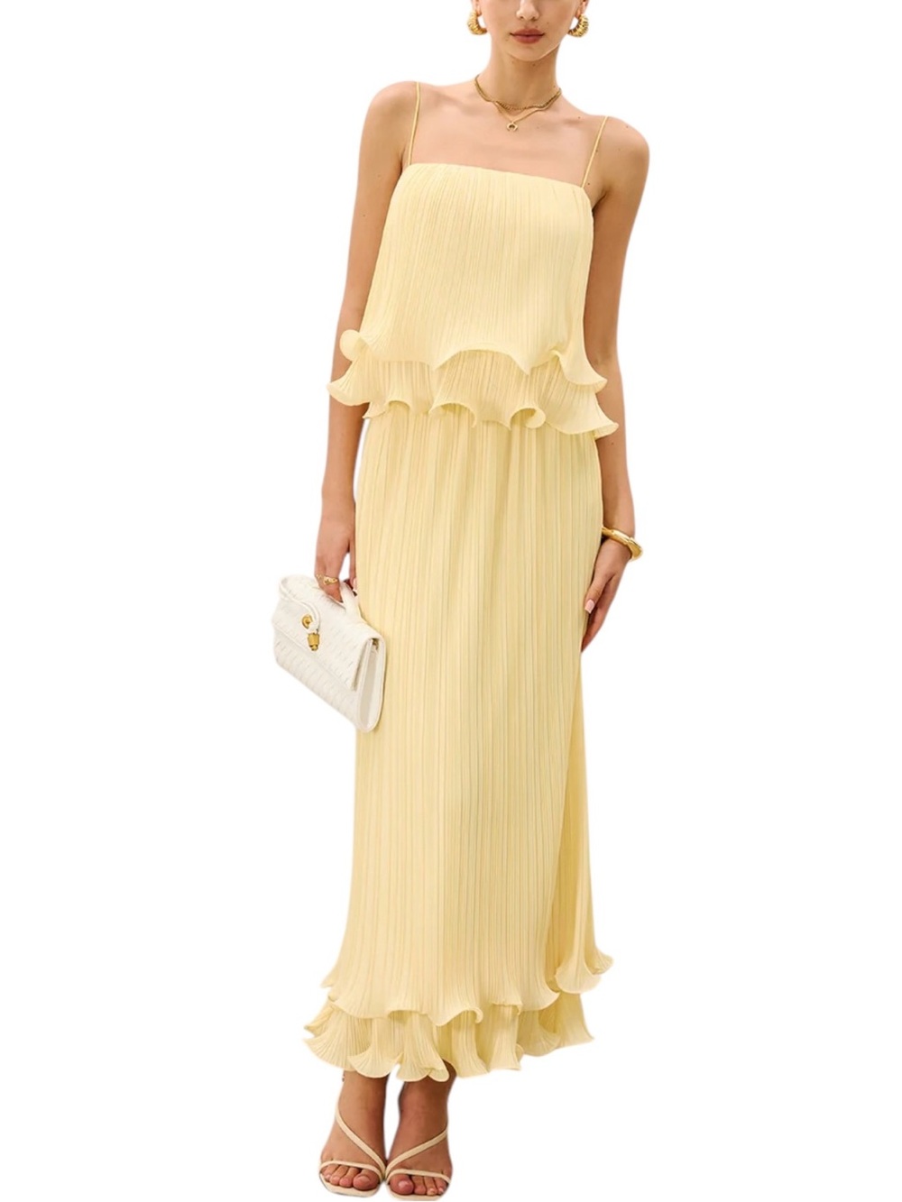 Commense Soft Butter Yellow Pleated Layered Ruffle Skirt Cami Set NWT Medium - Picture 3 of 13